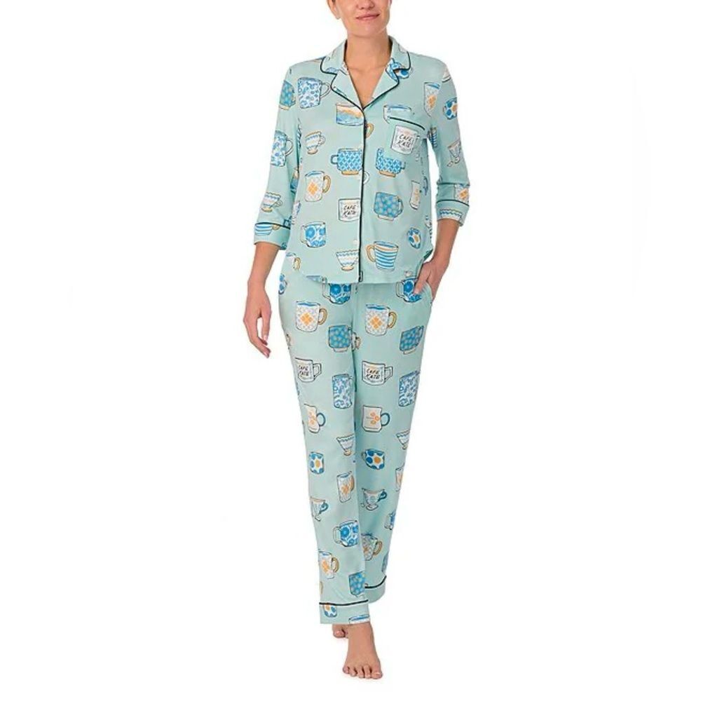kate spade XL Light Blue Tea Coffee Print Notch Collar 3/4 Sleeve Pants PJ Set